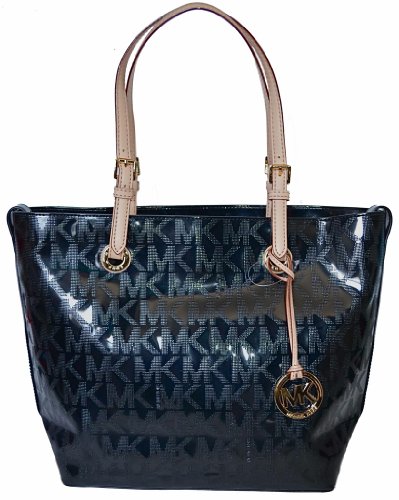 Michael Kors Logo Mirror Metallic Black Grab Bag Shoulder Tote Handbag Purse