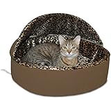 K&H Manufacturing Thermo-Kitty Bed Dlx Hooded Small Mocha Leopard 16-Inch 4 Watts