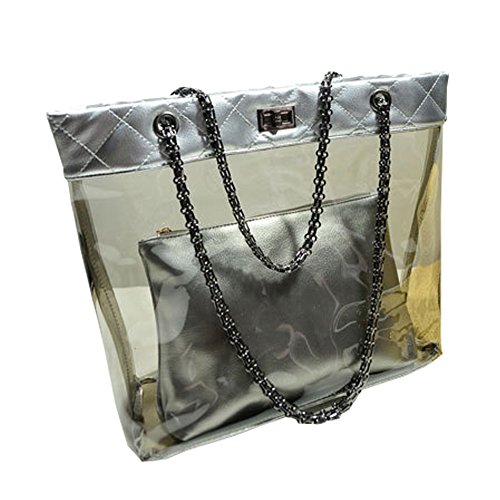 FTSUCQ Womens Casual Chain Clear Tote Swimming Transparent Beach Handbag Trapeze Bags