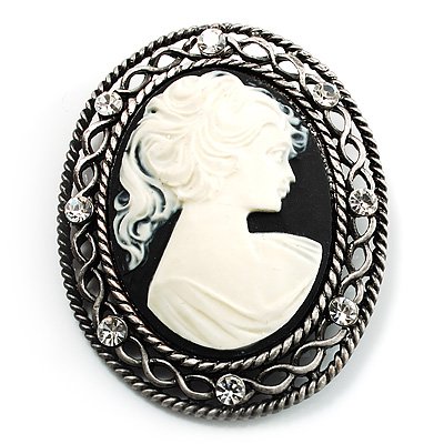 Vintage Antique Silver Cameo Crystal Brooch