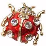 Bling Crystal & Red Ladybug Pin Broach with Emerald Green Eyes - Gold Finish