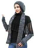 IMAGE OF Handmade Alpaca Scarf, Rasta Hat and Fingerless Gloves Set - Masterpiece in Charcoal Mist (100% Knitted by Hand)