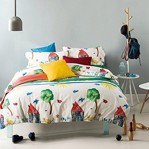 Trend Home 60S Long Staple Cotton Satin Fairy Graffiti Painting Girls Bedding Sets 4Pcs (Twin, White)
