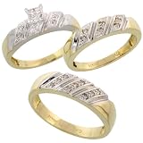 10k Gold 3-Piece Trio His (6mm) & Hers (5mm) Diamond Wedding Band Set w/ Rhodium Accent, w/ 0.15 Carat Brilliant Cut Diamonds; (Ladies Size 5 to10; Men's Size 8 to 14)