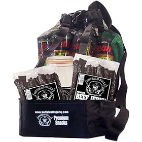 Buffalo Bills Double Pounder and Jar Backpack Gift Cooler (filled with 2lbs of our classic Premium Hickory beef jerky and an old-fashion 2-liter beef jerky glass mason jar)