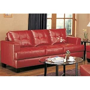 Sofa Couch with Wooden Legs Contemporary Red Leather