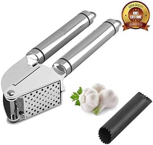 Hompow Premium Kitchen Easy Clean Garlic Press &amp; Silicone Peeler Set /Ginger Crusher With Large Basket Hopper Made of Steel Mincer and Silicone Tube Roller,18/10 Anti Rust Stainless Steel