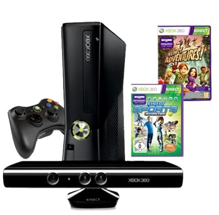Xbox 360 - Konsole Slim 4 GB inkl. Kinect Sensor, Kinect Sports: Season 2 + Kinect Adventures, schwarz-matt