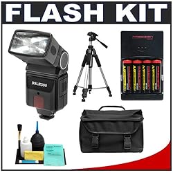 Precision Design DSLR300 Universal High Power Auto Flash with Zoom/Bounce/Swivel Head for Digital SLR Cameras + Tripod + Batteries + Charger + Case + Cleaning Kit