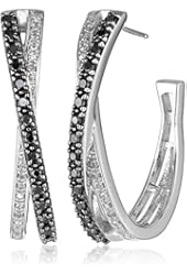 Sterling Silver Black and White Diamond Crisscross Hoop Earrings (1/2 cttw)