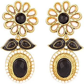 Rajwada Arts Women's Brass Flawless Enamel With And Stones Dangle Earrings Black,White