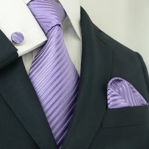 Landisun 242 Bright Purple Solids Mens Silk Tie Set: Tie+Hanky+Cufflinks