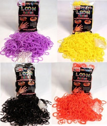 New Loom Bandz - For Rubber Band Bracelets -Lot of 4 Refill Packs of 600 Pieces & 25 Clips Per Pack!! - Set 2 - Orange, Black, Purple, Neon Yellow - 100% Compatible with Rainbow Looms