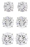 Platinum Plated Sterling Silver Round Cubic Zirconia Stud Earrings in Three Sizes Set, 2 cttw, Three cttw, 4 cttw