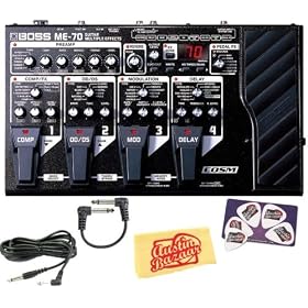 Boss ME-70 Guitar Multiple Effects Pedal Board Bundle with 10-Foot Instrument Cable, Patch Cable, Pick Card, and Polishing Cloth: Musical Instruments