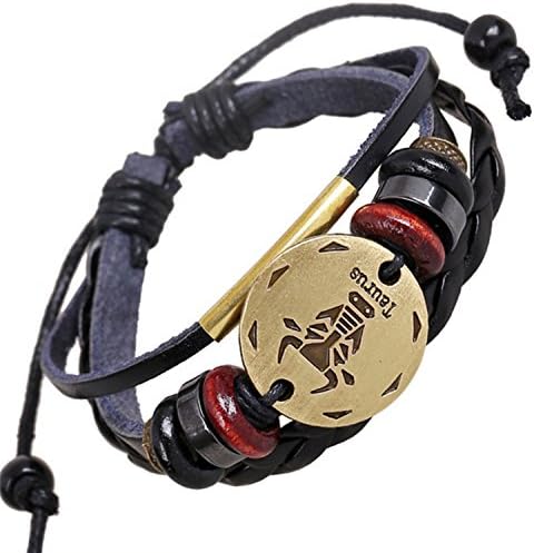 WorldCharlotte Handmade Black Genuine Leather Bracelet for Men and Women, Vintage Zodiac Sign Logo Charms Bracelet, Unisex, Adjustable Size, Fit 6 - 9 Inch (Taurus)