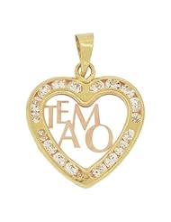 14k Yellow and Rose Gold, Heart Shape Pendant Charm Te Amo Brilliant Lab Created Gems 17mm Wide
