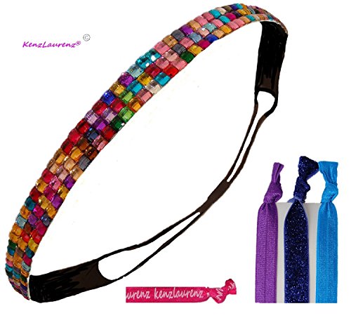 Rhinestone Elastic Stretch Headband (Rainbow) with Hair Ties - Hair Band - Hair Accessory - Great for Sports, Softball, Cheer, Dance, Fashion by Kenz Laurenz