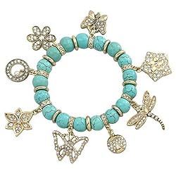Gold Plated Imitation Turquoise Stone Spring Charms Stretch Bracelet