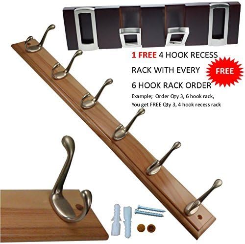 Heavy Duty Pearl Nickel Zinc Alloy Hooks Hat &amp; Coat Rack Varnish Hard Wood + 1 FREE RECESS 4 HOOK FLIP RACK by ogb