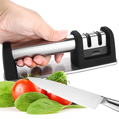 ISUDA Knife Sharpener Diamond Knife Sharpener for Steel Knives in All Sizes-Household Sharpener with 2 Stage Coated Sharpening System,Coarse & Finely Ground,Black
