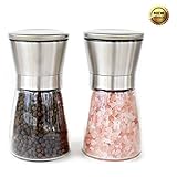 MaxyLife Salt and Pepper Grinder Set, Brushed Stainless Steel Pepper Mill and Salt Mill -Adjustable Ceramic Rotor and Glass Body (2 packs)