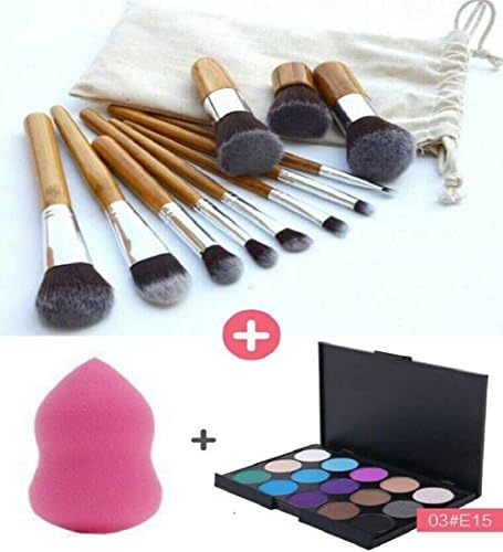 Moonkini New 15 Colors Contour Face Cream Makeup Concealer Palette + 11 PCS Makeup Brush Set Cosmetic Bamboo Handle + 1 Piece Blender Sponge (Large Size: 1.65" x 2.28" ~ WxH) (03#E15)