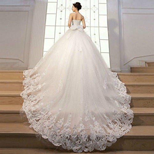 Yisha Women's Sweetheart Neck Long Tail Lace White Tulle Wedding Dress