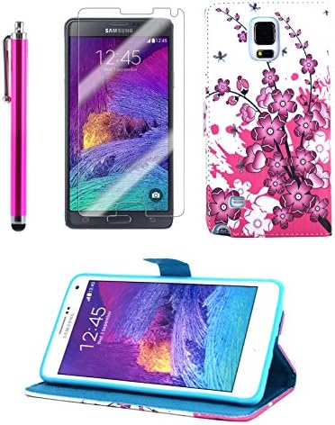 TheLovelyBird PU Leather Folio Stand Case for Samsung Galaxy Note 4 + Stylus Pen + Screen Protector in Retail Packaging (Pink Cherry Blossoms Flower)