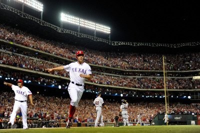 Detroit Tigers v Texas Rangers - Game Six, Arlington, TX - Oct. 15: Adrian Beltre and David Murphy Photographic Poster Print by Kevork Djansezian, 16x24