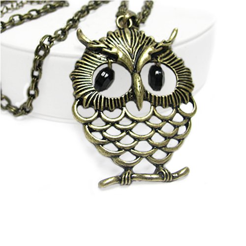 Burnished Gold and Black Crystal Dangle Eye Owl Fashion Pendant Necklace
