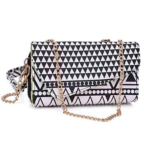 Women's Wristlet Clutch Wallet Lava Iris 502 with Credit Card Holder & Removable Crossbody Chain| Tribal Aztec Mayan Pattern| Black White Lime Crime + ND Cable Organizer