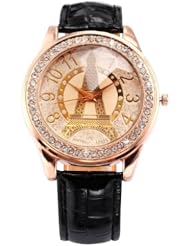 Lady Women Crystal Bronze Case Eiffel Tower Black Leather Awesome Quartz Watch WAA494