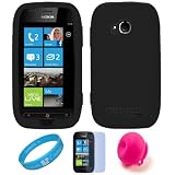 Black Soft Smooth Silicone Protective Skin Cover For T-Mobile Nokia Lumia 710 Nokia Windows Phone + Clear Screen Protector + Pink Rubber Suction Stand + SumacLife TM Wisdom*Courage Wristband