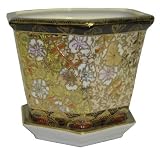 Gold filigree planter with saucer tray - porcelain, Golden Plum Blossom design 8