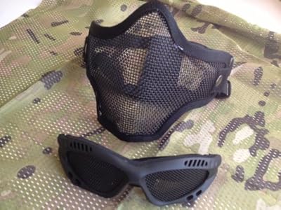 【3点セット】 大人気 サバゲー 迷彩 メッシュ サバイバルゲーム フェイスマスク+スカーフ+ゴーグル ブラック CP 黒