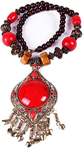 Lovage Handmade Bohemian Turquoise Resin Wood Bead Pendant Long Statement Necklace for Women (Red)