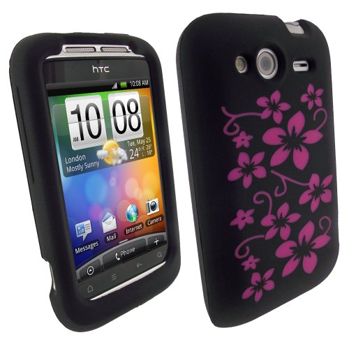 igadgitz Silikon Schutzhülle Hülle Tasche Etui Case Skin in Schwarz mit Pink Rosa Blummen Motiv für HTC Wildfire S Android Handy Smartphone + Display Schutzfolie
