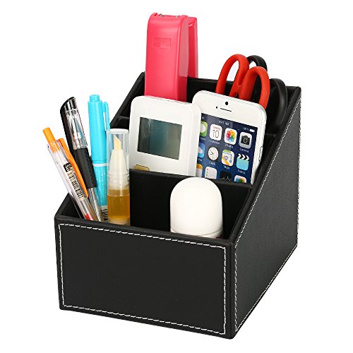 Desktop Organizer, MCIRCO Remote Control Holder 3 Compartments PU Leather Office Supplies controller/TV Guide/mail/CD organizer/caddy/holder Pencil Organizer Desktop Storage Boxï¼ˆBlackï¼‰