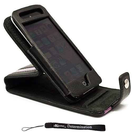 Black with Purple Stripe Deluxe Wallet Leather Protector with Stand Alone Design / Vertical and Landscape Mode Feature on Cover Case for New Apple iPod Touch 4 ( 4th Generation 8GB 16GB 32GB )