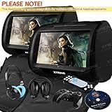 XTRONS&reg; Black 2X Twin Car headrest DVD player 9" HD Touch Screen with FM Game Disc Mp3 IR Headphones