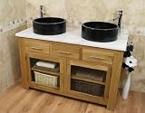 Solid Light Oak Bathroom Vanity Set White Marble & Black Granite Sink 1140-MW-BG026