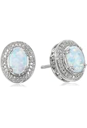 Sterling Silver, Simulated Opal, and Diamond Stud Earrings