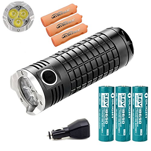 Olight SRMINI Intimidator II 3*CREE XM-L2 LEDs 3200 Lumens Variable-output Rechargeable LED Flashlight with 18650 Rechargeable Battery and USB Vehicle Power Adapter with Skyben Battery Case