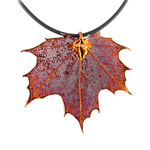 Irridescent Copper Plated Sugar Maple Leaf Pendant Rubber Cord Necklace, 22″