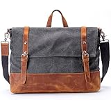 16.3 inch 100% Real Genuine Crazy-horse Leather Cotton Canvas Cross Body Laptop Messenger Bag - RUFFRYDER Men's Vintage Leisure Briefcase Business Shoulder Bag Satchel Handbag for iPad, iPhone, MacBook, Notebooks, Documents, Journals- Fit 15 Inch Laptop(Grey)