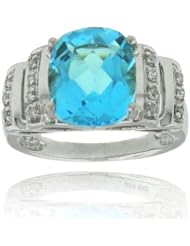 14k White Gold Blue Topaz Oval Gemstone And Diamond Ring, Birthstone of December