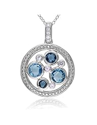 Sterling Silver, Diamond, Blue Topaz, Swiss Blue Topaz, and London Blue Topaz Pendant Necklace with Chain, (.05 cttw, GH Color, I2-I3 Clarity), 18"