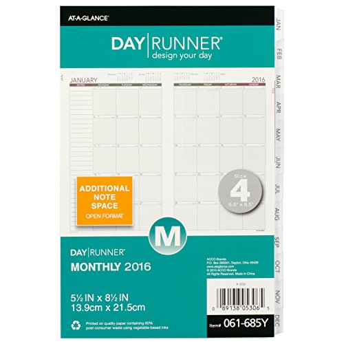 Day Runner Monthly Planning Pages 2016, 12 Months, Loose-Leaf, Size 4, 5.5 x 8.5 Inches (061-685Y)