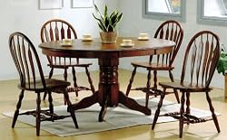 5 PCs Solid Wood Dark Distressed Oak Finish Wood Pedestal Dining Table and Chairs Set